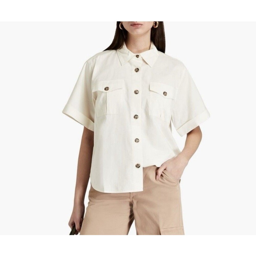 FRAME S Cotton Linen Short Sleeve Button Up Oversized Safari Cream Minimalist